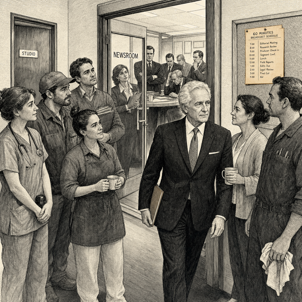 Illustration accompanying article: Scott Pelley's firing resonated as workers' revenge fantasy