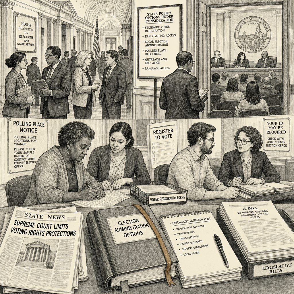 Illustration accompanying article: States pursue limited alternatives after Supreme Court weakens Voting Rights