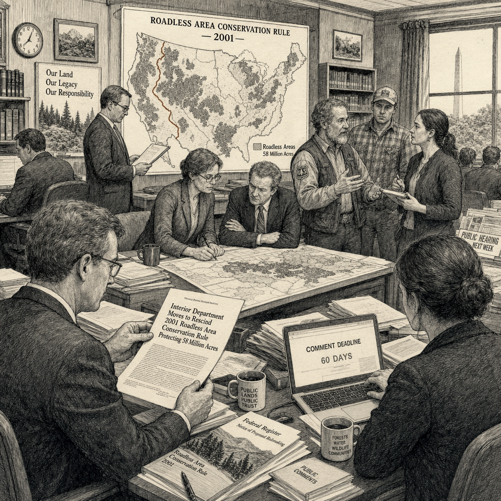 Illustration accompanying article: Trump administration moves to rescind Roadless Rule protecting 58 million