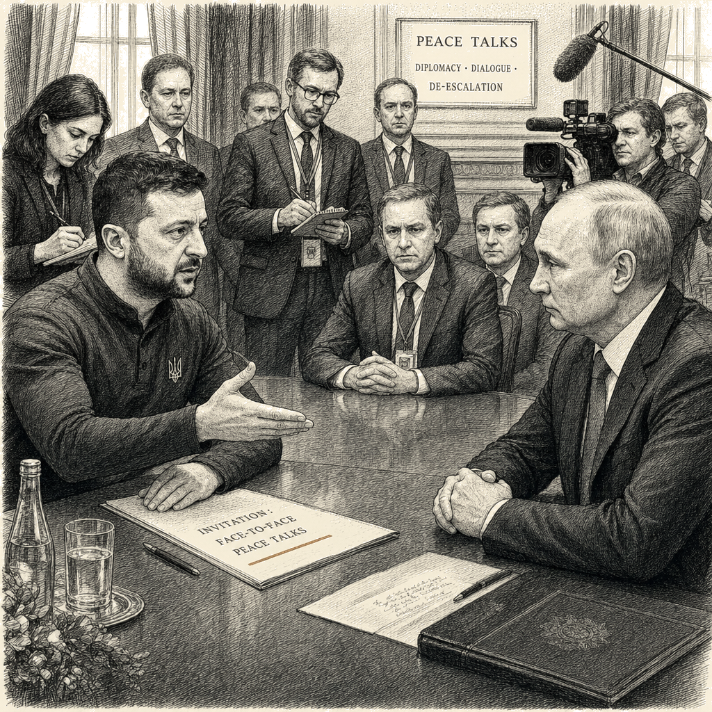 Illustration accompanying article: Volodymyr Zelensky invites Vladimir Putin to face-to-face peace talks