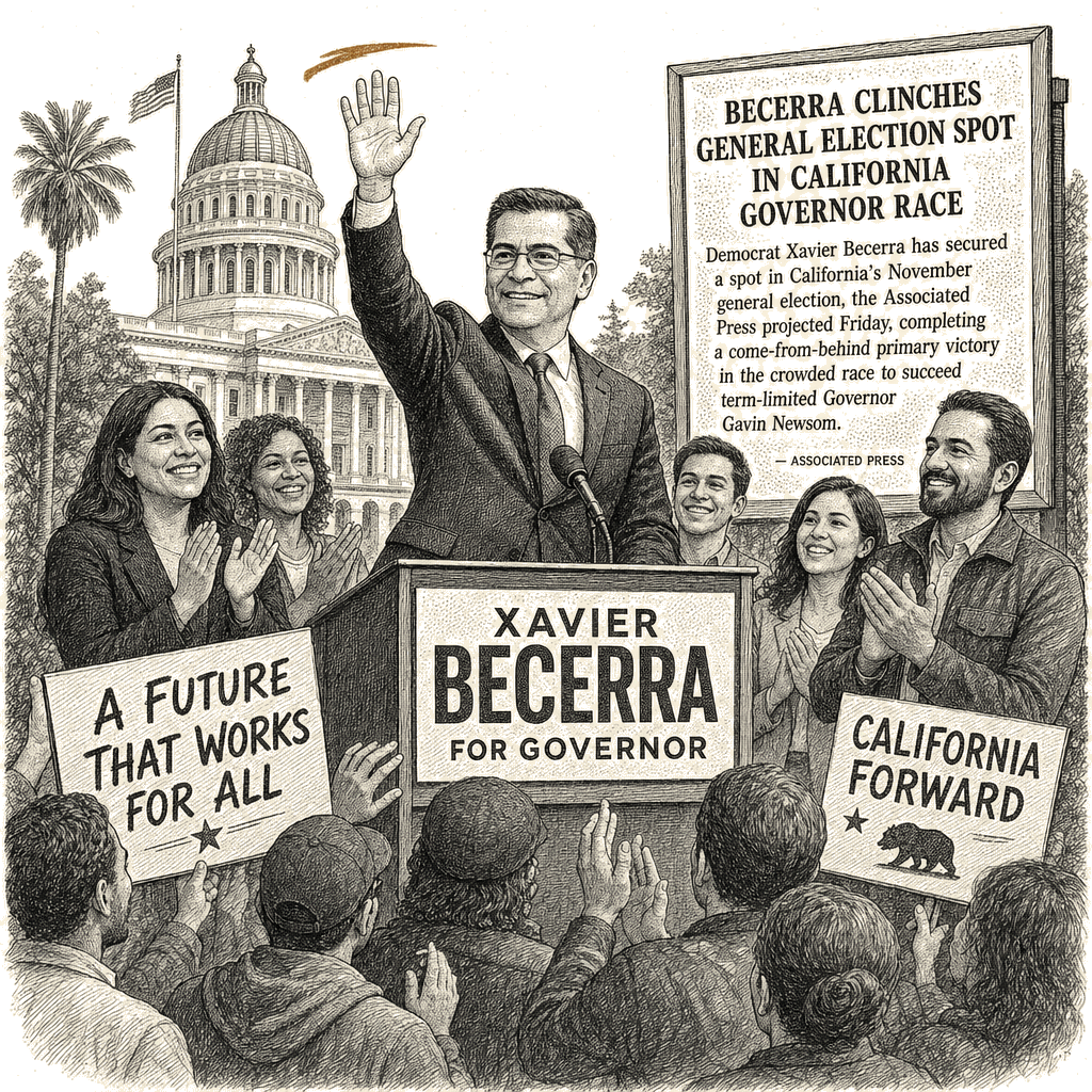Illustration accompanying article: Becerra clinches general election spot in California governor race