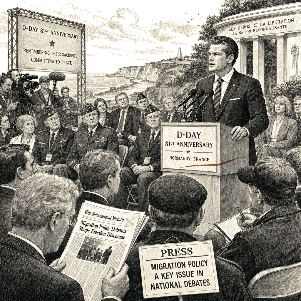 Illustration accompanying article: Hegseth calls Europe's migrant arrivals 'invasion' in D-Day speech