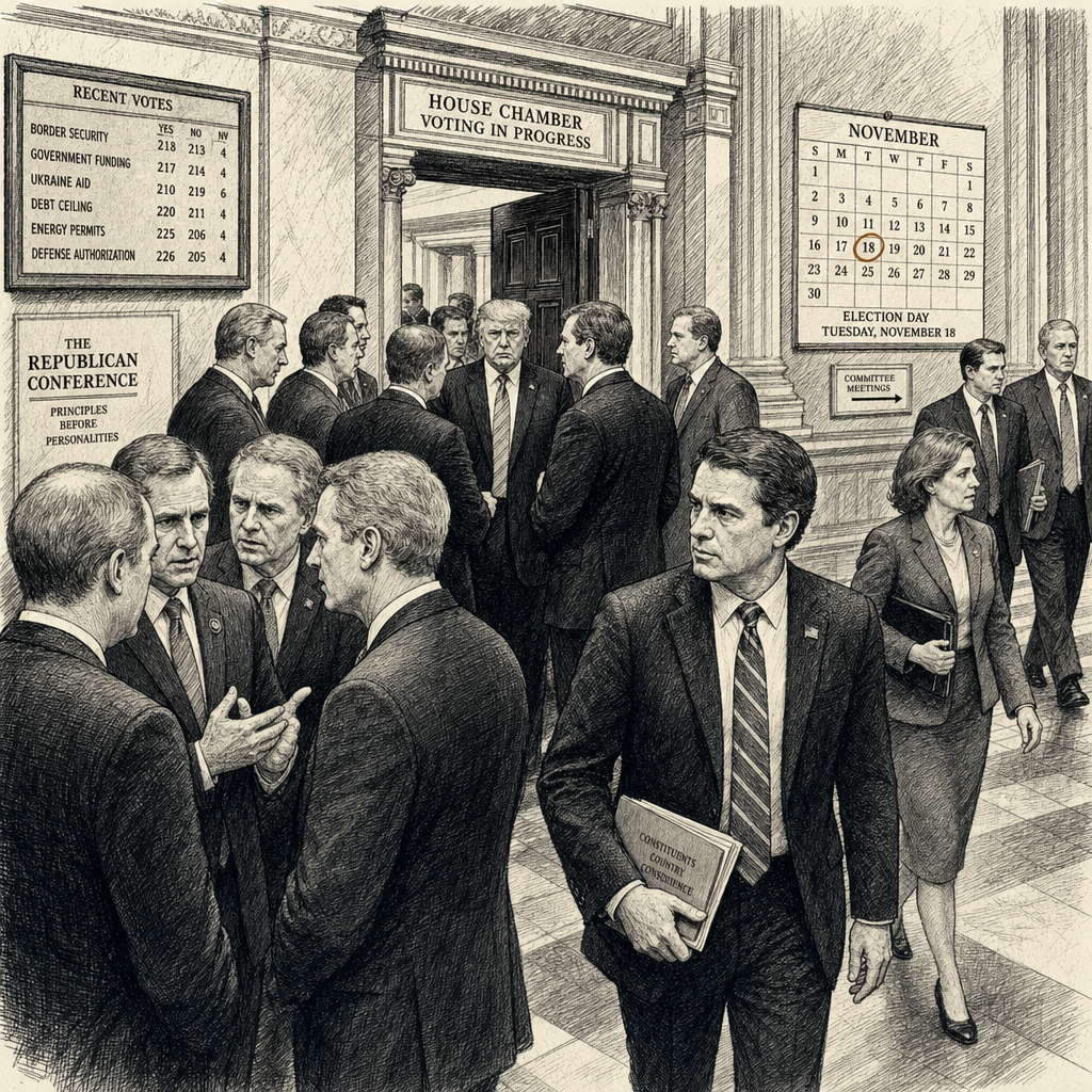 Illustration accompanying article: More Republicans break with Trump as midterm elections approach