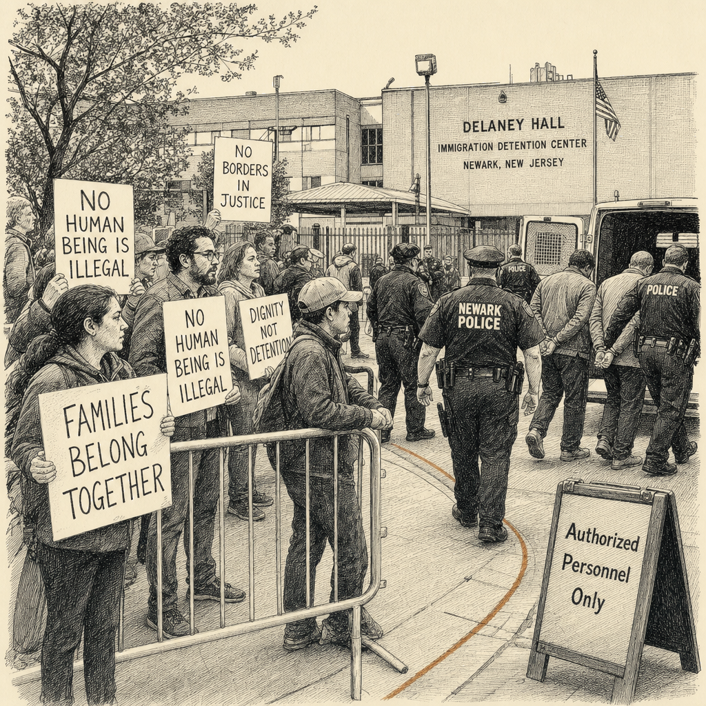 Illustration accompanying article: Over 80 arrested at Newark immigration detention center protests in recent days