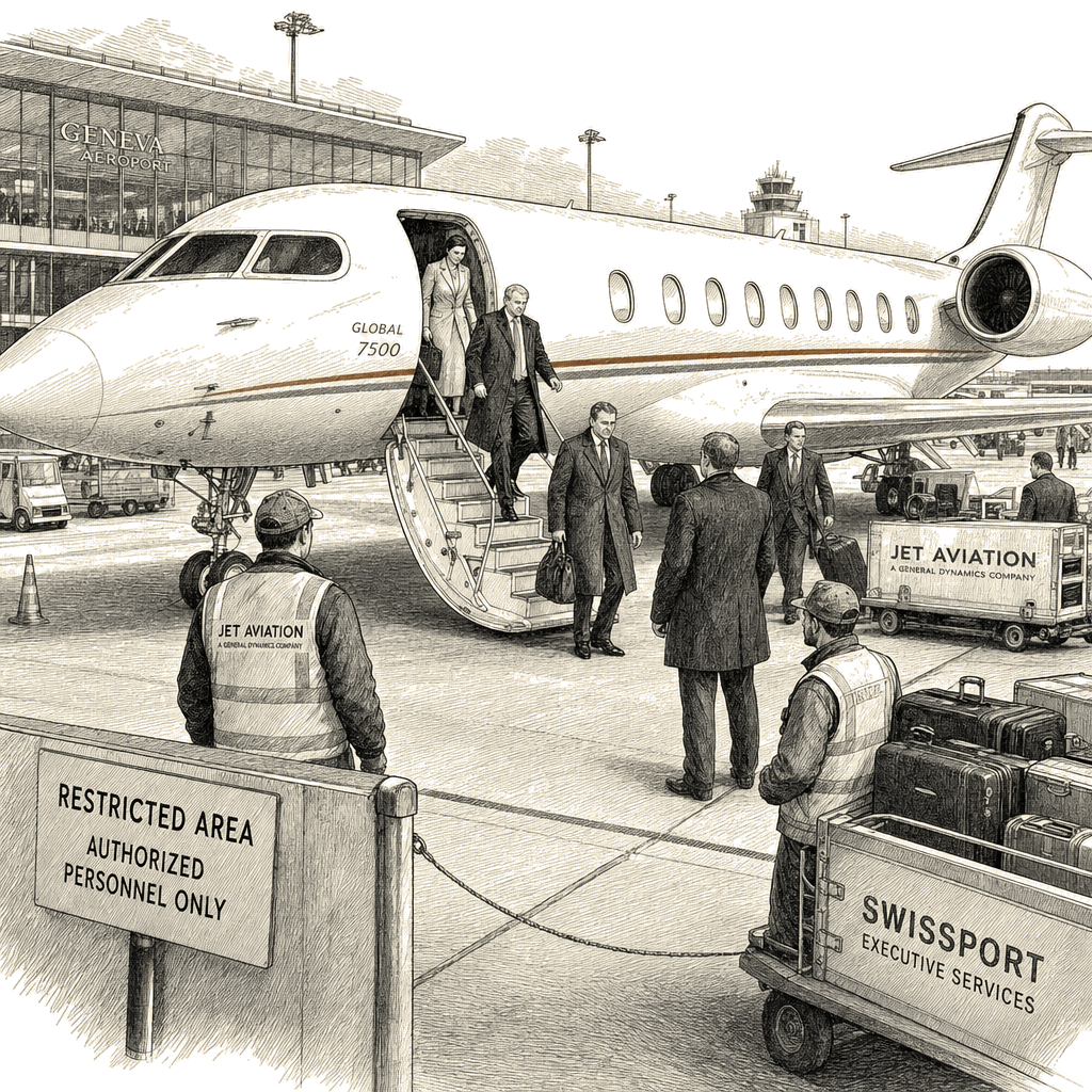 Illustration accompanying article: Putin's inner circle travels on Western private jets despite sanctions