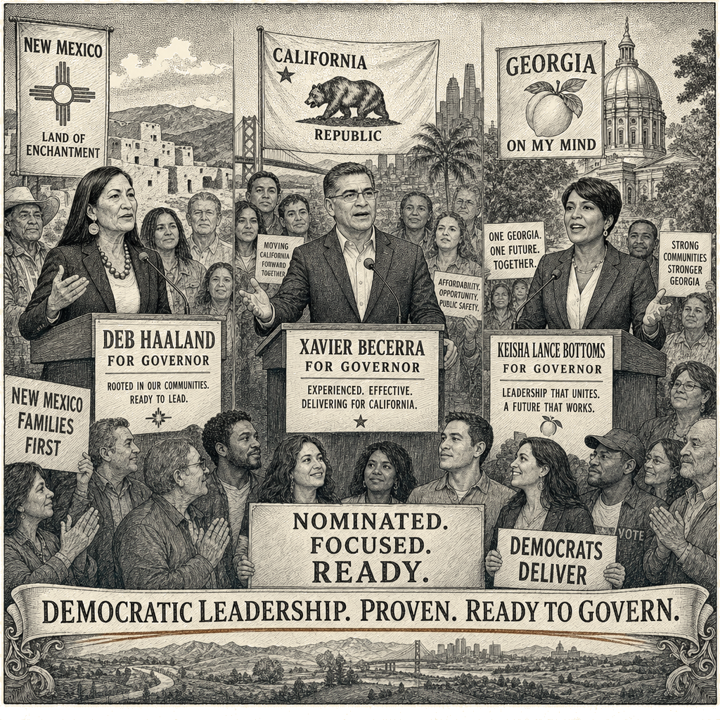 Illustration accompanying article: Three Biden administration alumni secure governor nominations