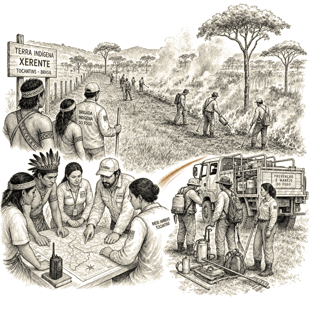 Illustration accompanying article: Indigenous practices reshape wildfire strategy in Brazil's Cerrado