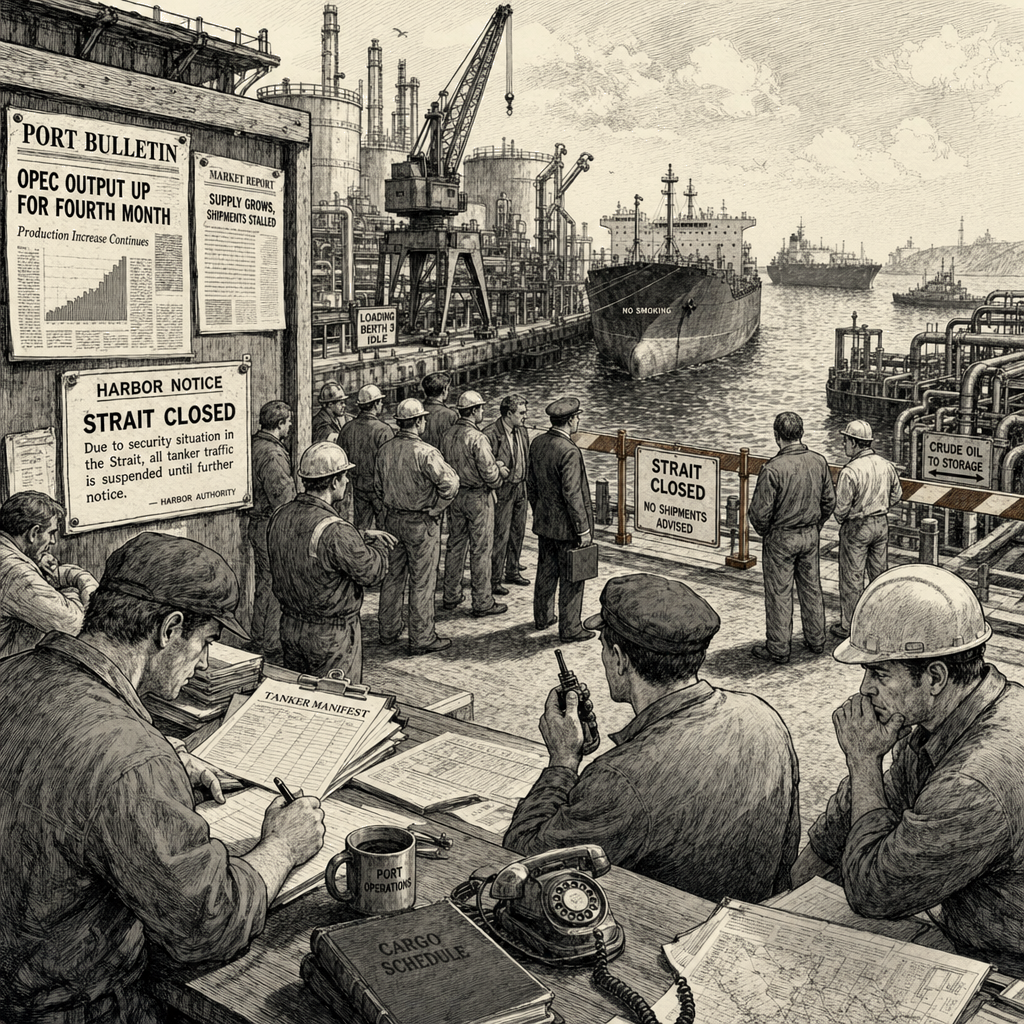 Illustration accompanying article: OPEC boosts output for fourth month as Hormuz closure blocks shipments
