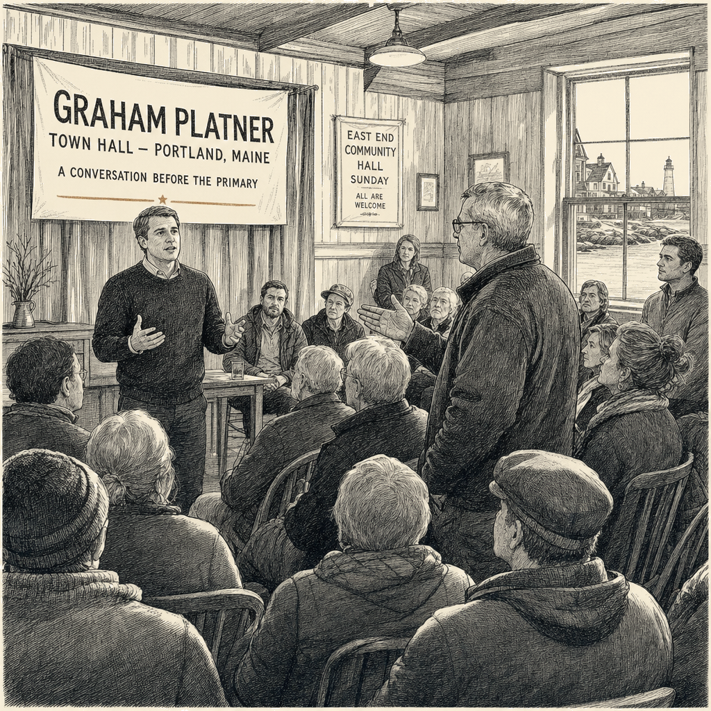 Illustration accompanying article: Platner fields voter questions at Portland town hall ahead of Maine primary