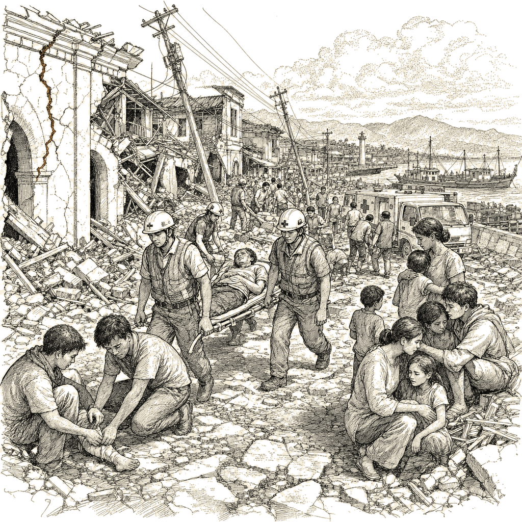 Illustration accompanying article: 7.8 quake kills at least 19 in southern Philippines