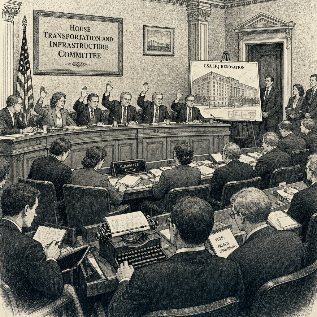 Illustration accompanying article: House panel approves GSA headquarters renovation