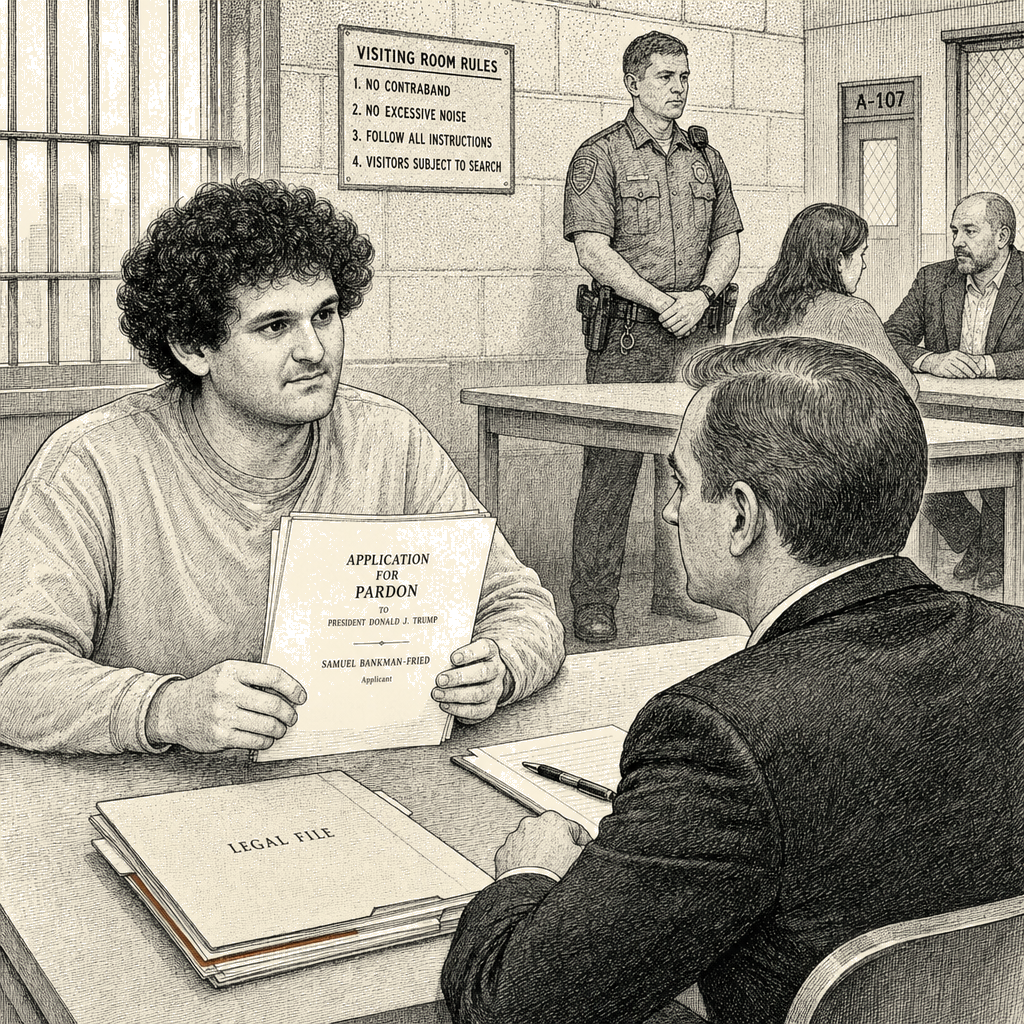 Illustration accompanying article: Jailed FTX founder Sam Bankman-Fried applies for Trump pardon