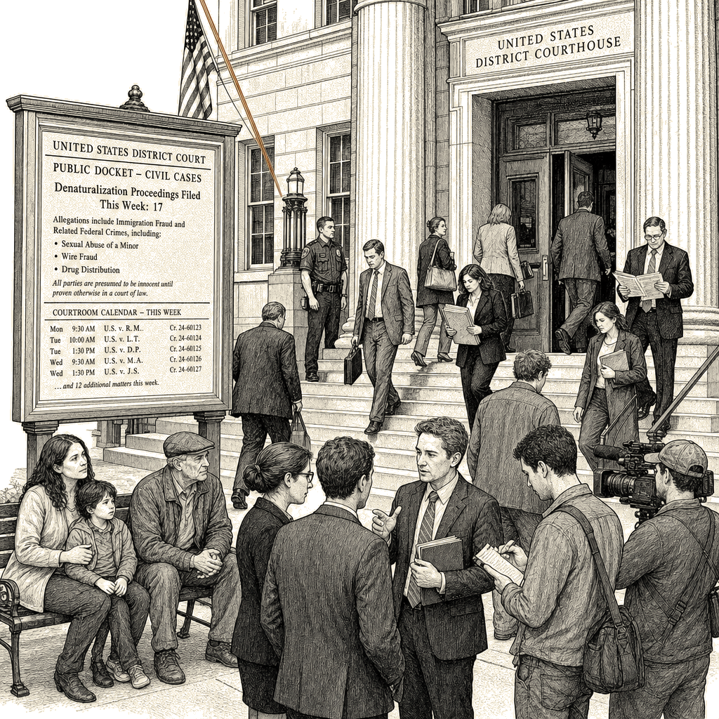 Illustration accompanying article: Justice Department seeks to revoke citizenship of 17 people over fraud