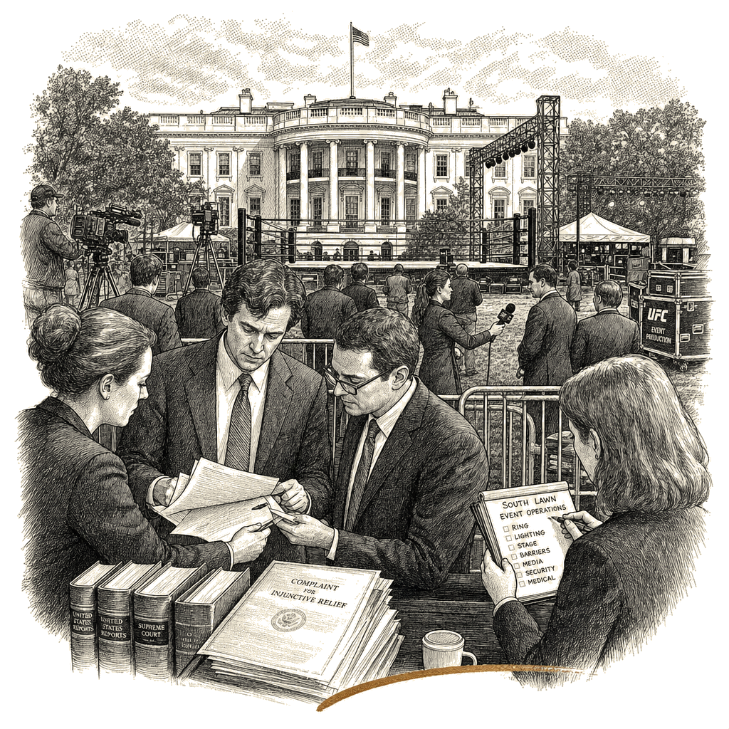 Illustration accompanying article: Lawsuit seeks to block UFC event on White House lawn