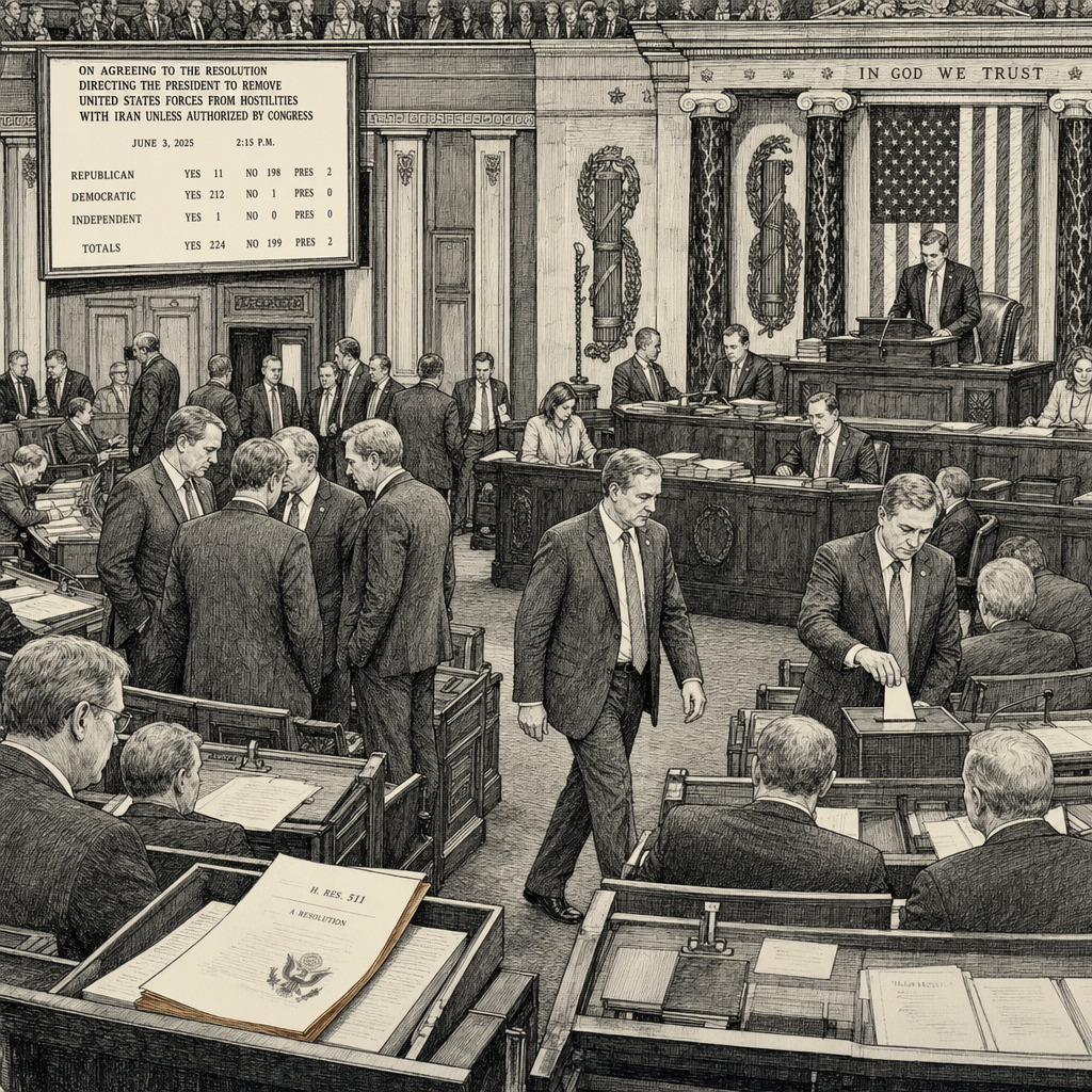 Illustration accompanying article: Republicans defect from Trump as House passes Iran war powers resolution