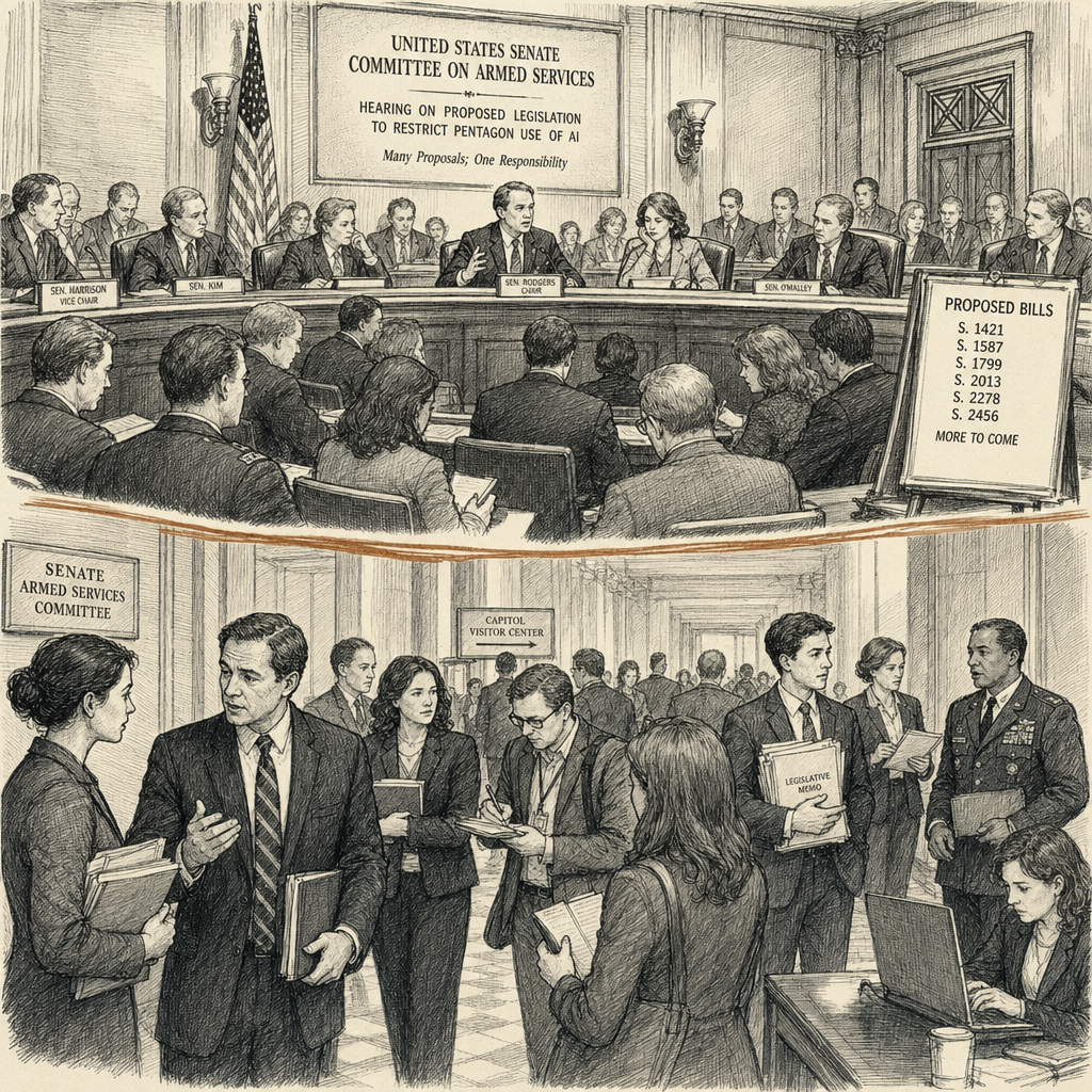 Illustration accompanying article: Schiff bill would restrict Pentagon AI use as Democrats flood Congress with proposals