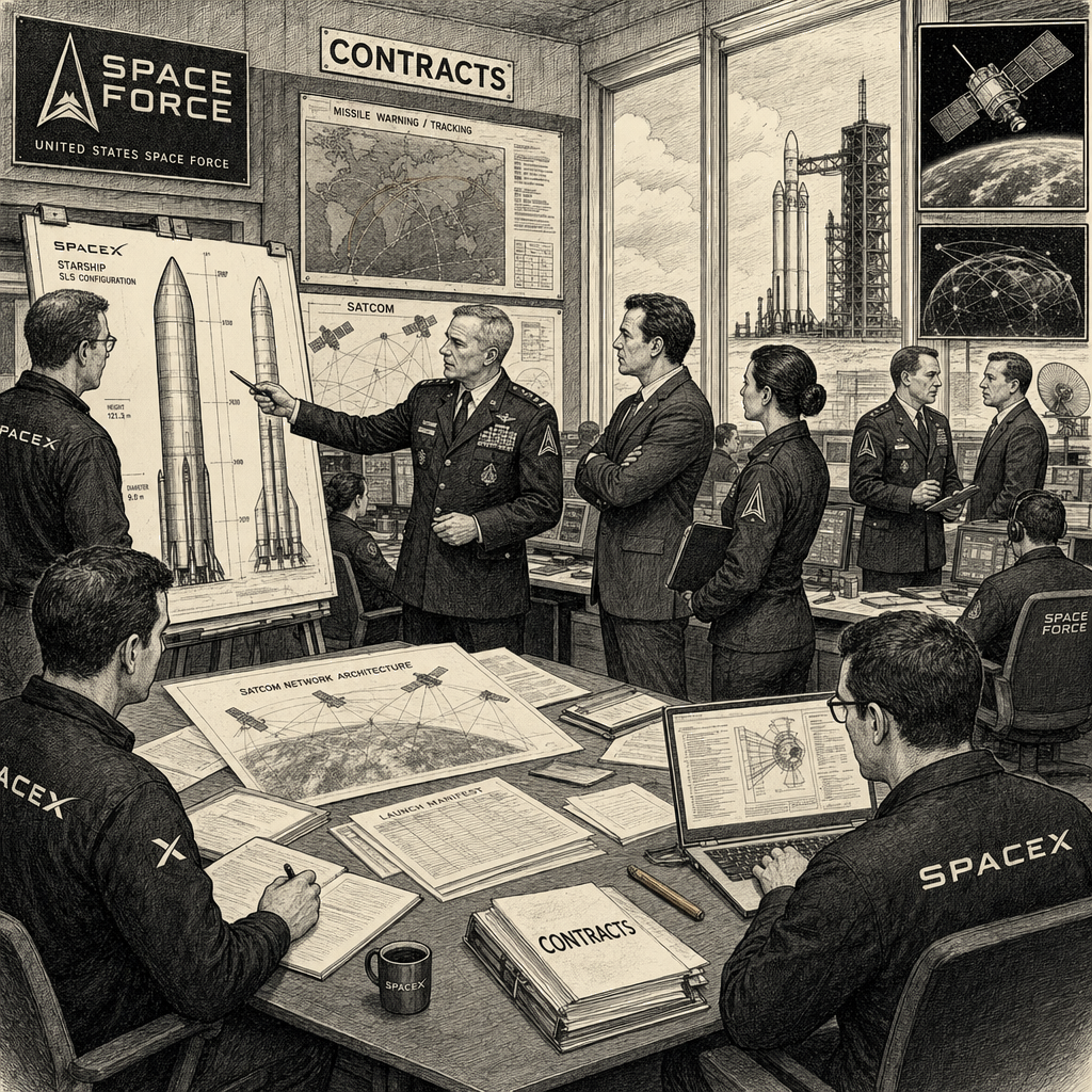 Illustration accompanying article: SpaceX deepens ties with Pentagon, wins