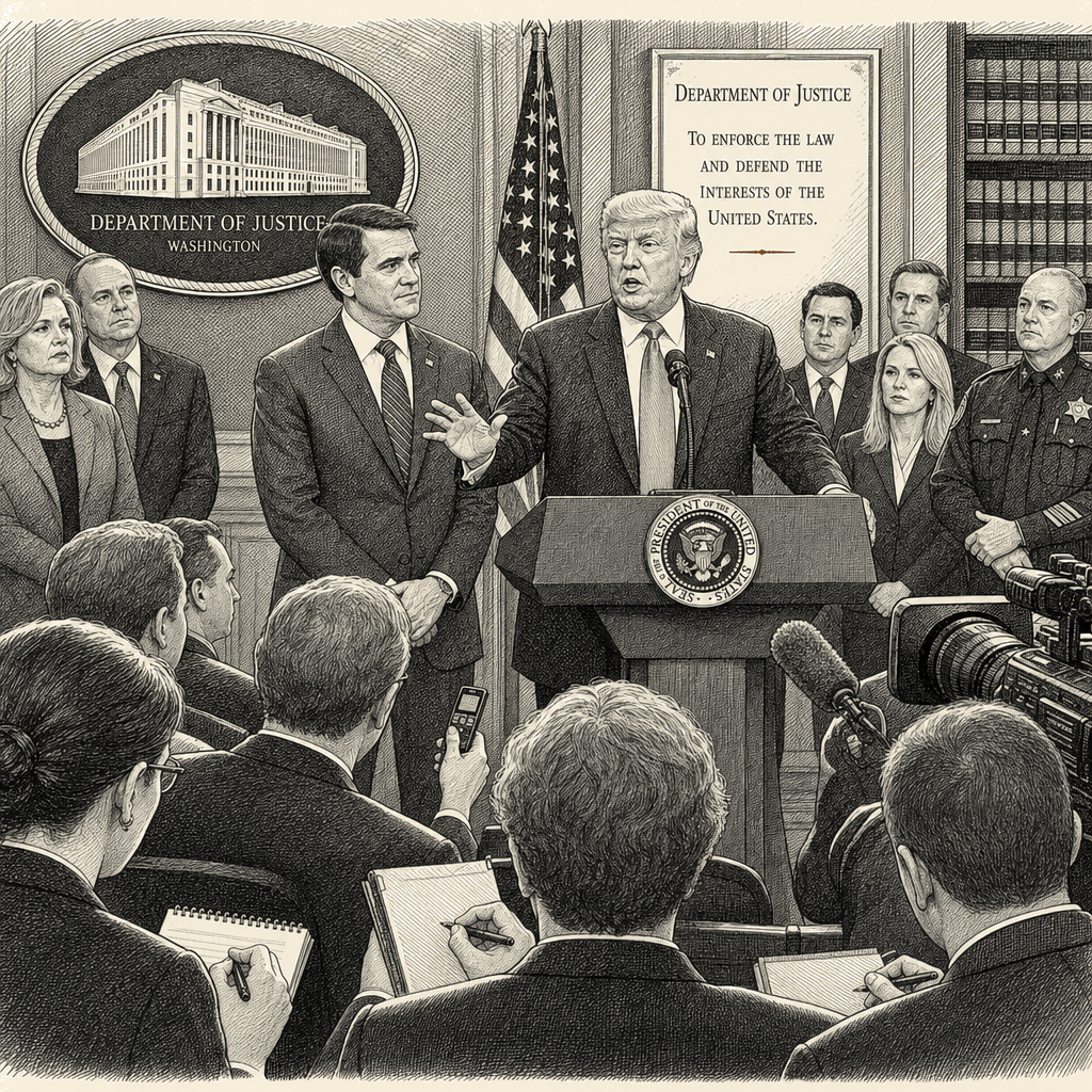 Illustration accompanying article: Trump nominates ex-lawyer Todd Blanche as permanent attorney general