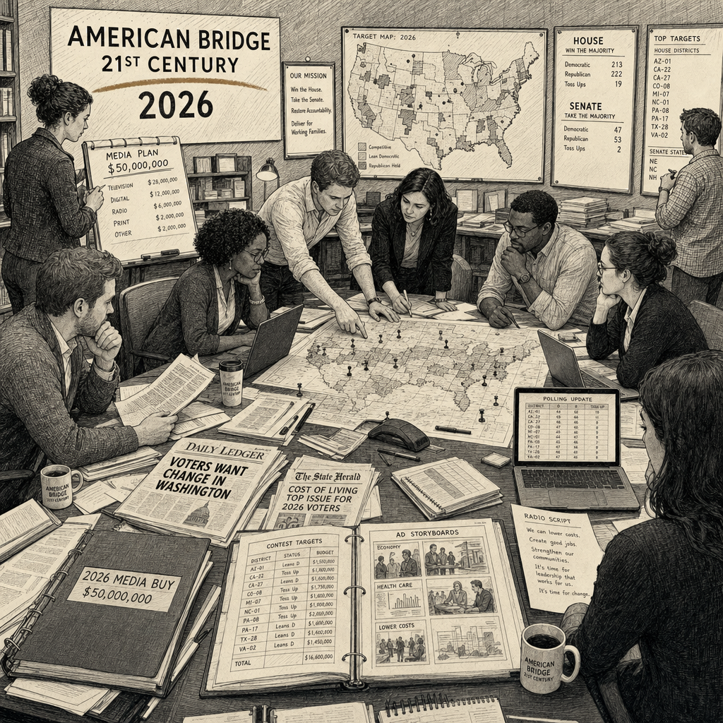 Illustration accompanying article: Democratic group launches $50M ad campaign to flip Congress