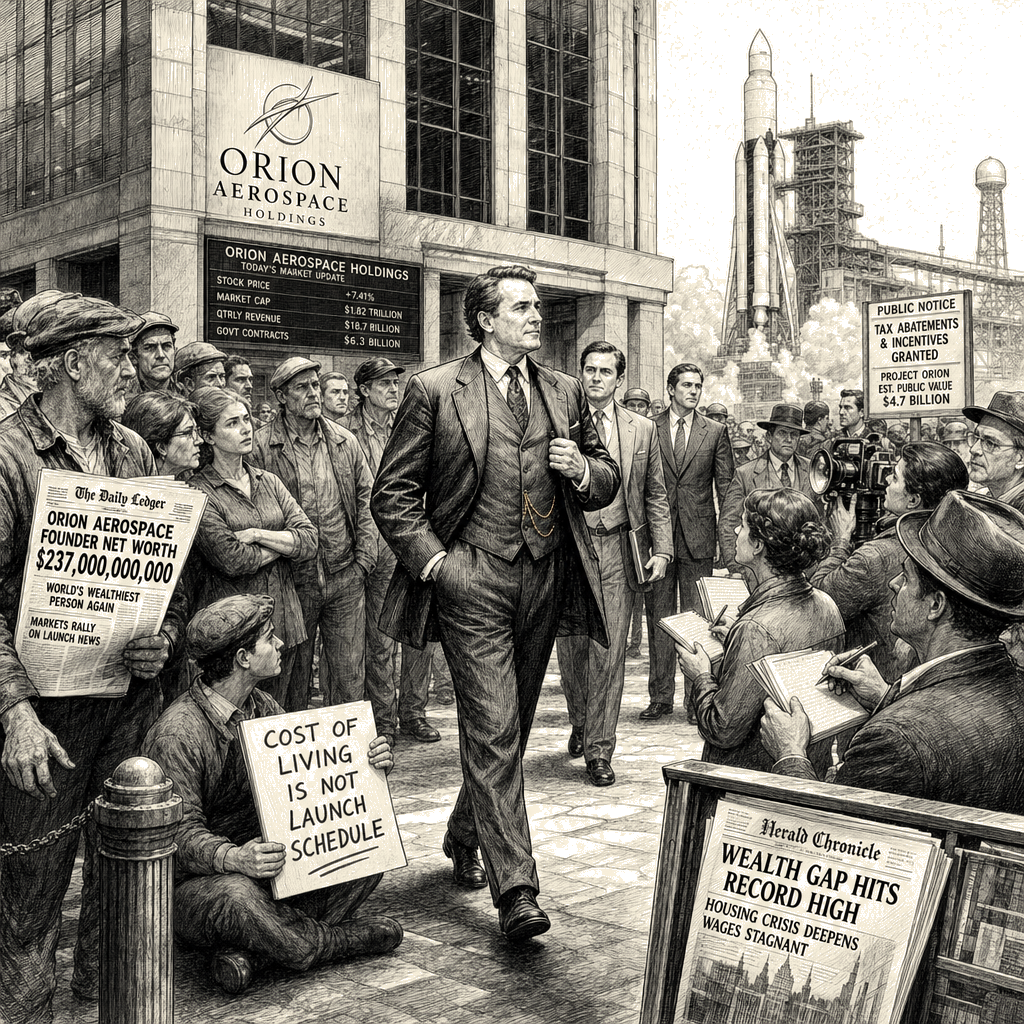 Illustration accompanying article: Musk's impending trillionaire status could fuel oligarchy, columnist warns
