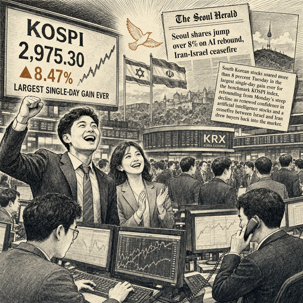 Illustration accompanying article: Seoul shares jump over 8% on AI rebound, Iran-Israel ceasefire