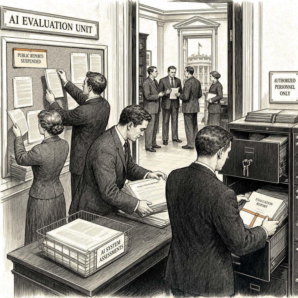 Illustration accompanying article: White House halts AI testing unit's public reports over security fears