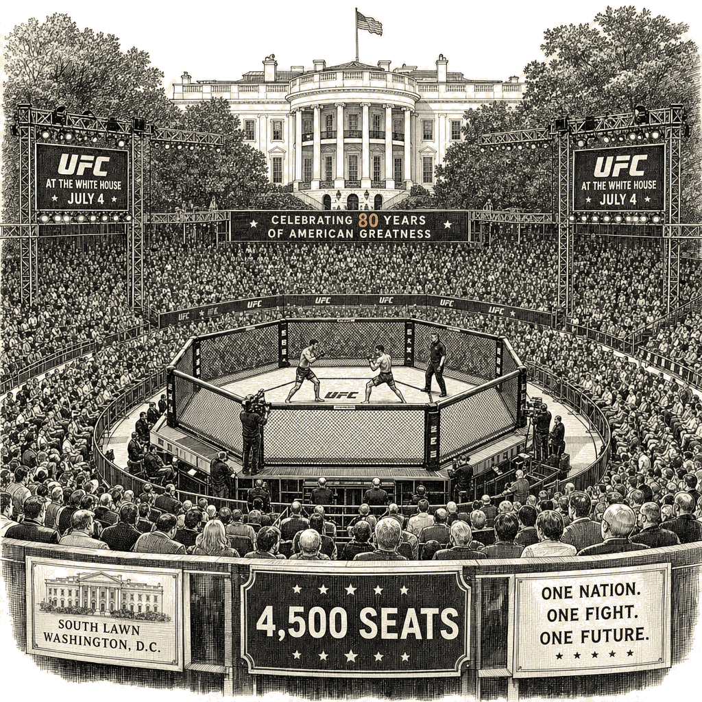 Illustration accompanying article: White House lawn gets 4,500-seat UFC octagon for Trump's 80th, July 4 event