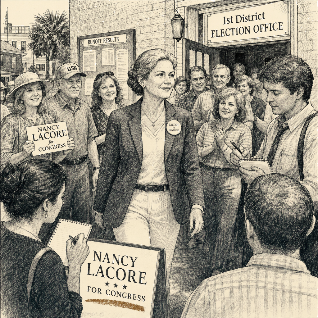 Illustration accompanying article: Navy admiral fired by Hegseth advances in South Carolina Democratic House primary
