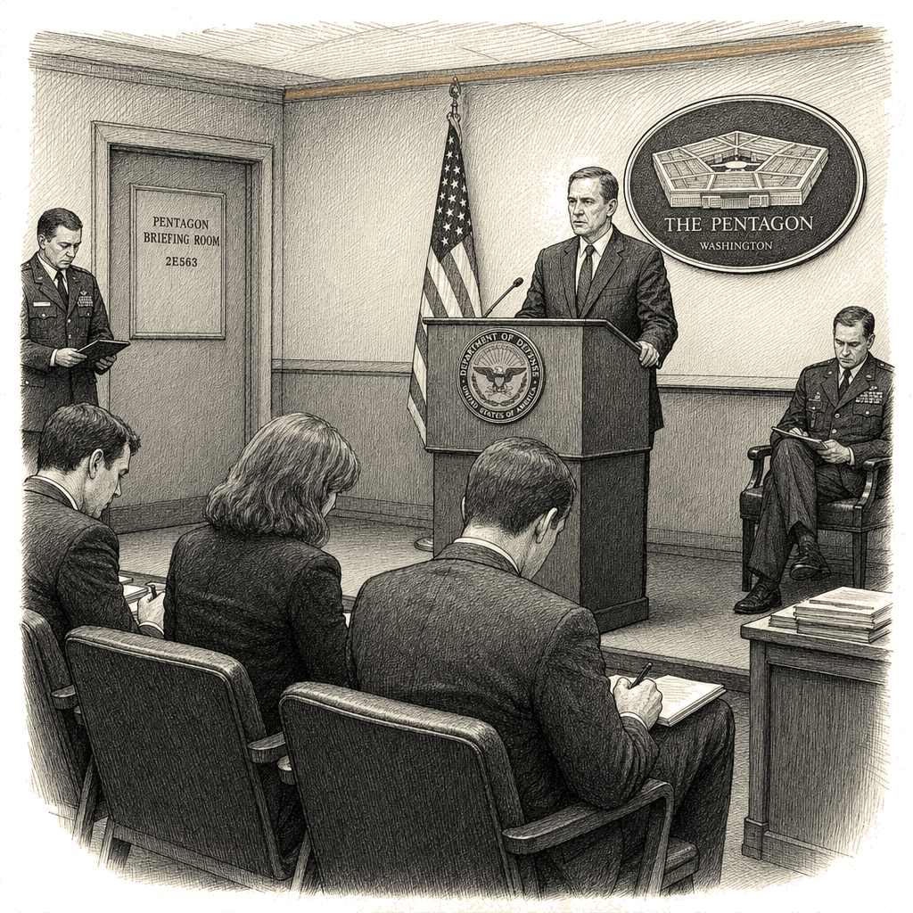 Illustration accompanying article: Pentagon held far fewer briefings during Iran war, review finds