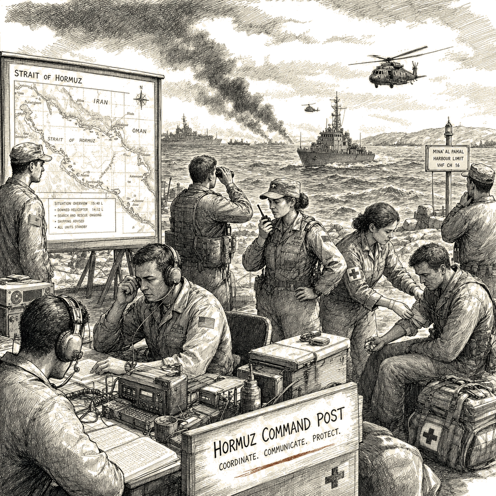 Illustration accompanying article: U.S., Iran exchange strikes after helicopter downed near Strait of Hormuz