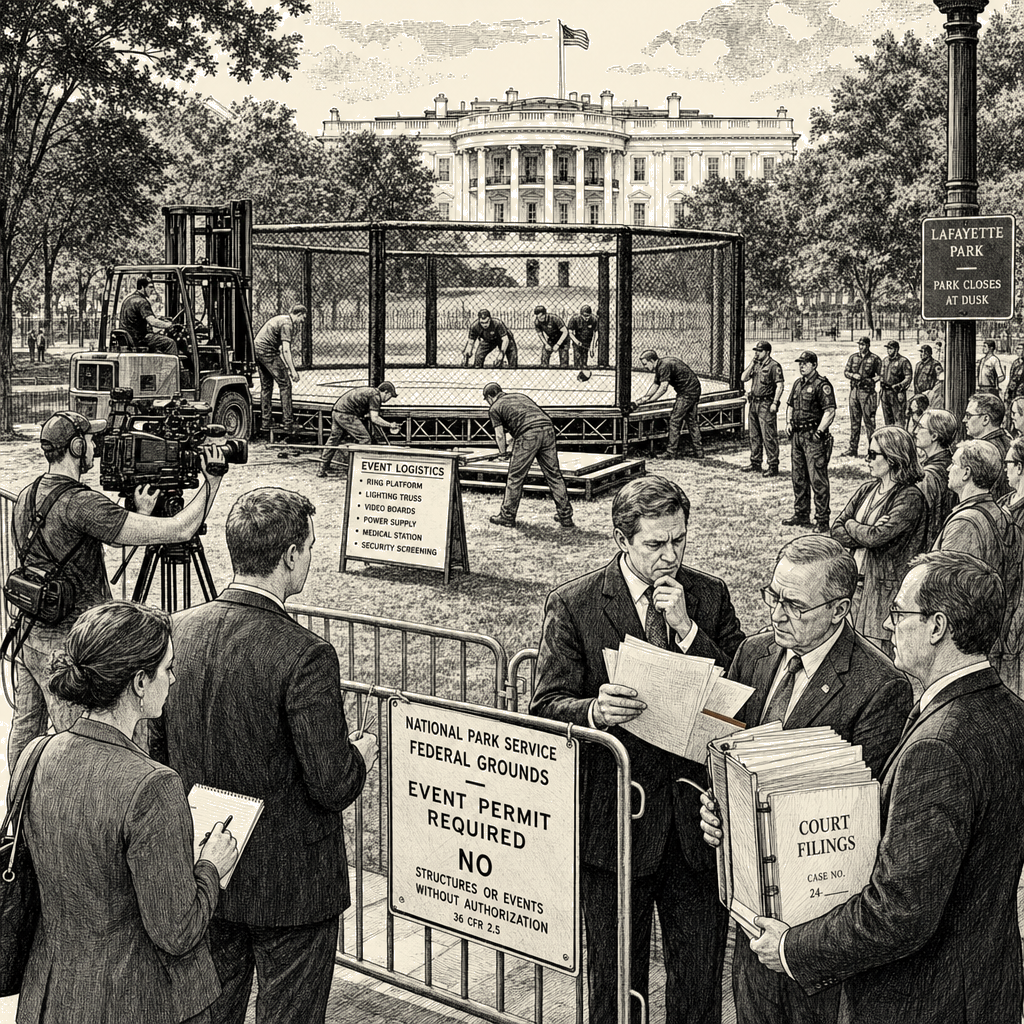 Illustration accompanying article: Court filing: White House UFC event costs more than $60M
