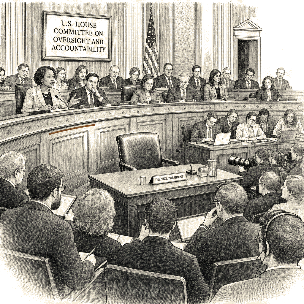 Illustration accompanying article: Democrats call on Vance to testify over Epstein files handling