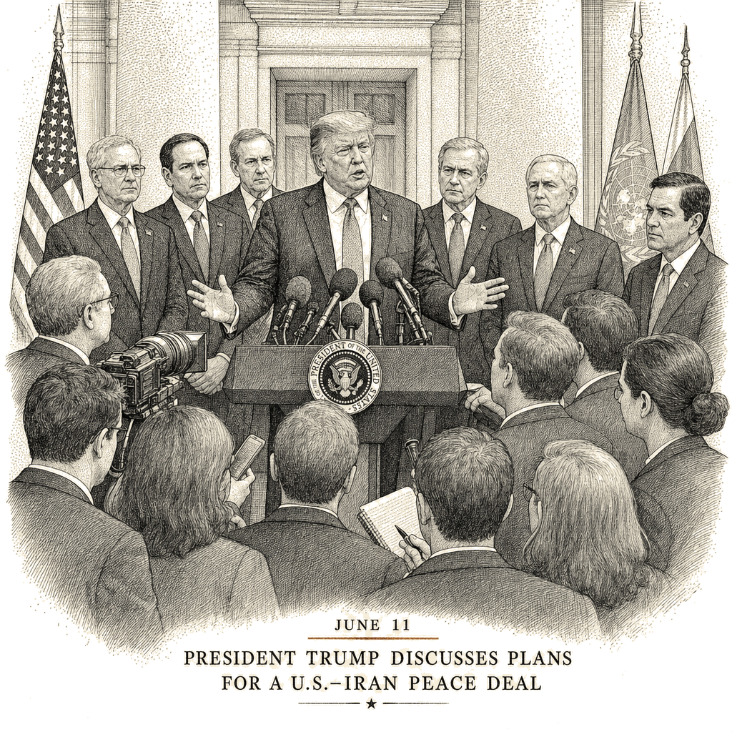 Illustration accompanying article: Trump says US and Iran will sign a peace deal