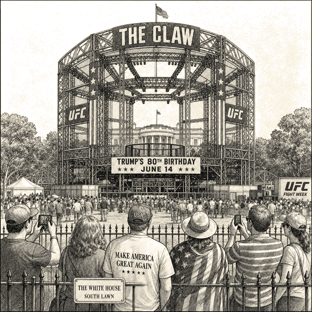 Illustration accompanying article: "The Claw": White House fighting cage rises as Trump''s 80th birthday spectacle
