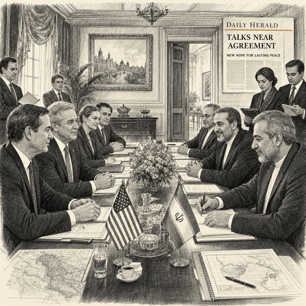 Illustration accompanying article: US, Iran pull back from renewed hostilities as peace deal nears