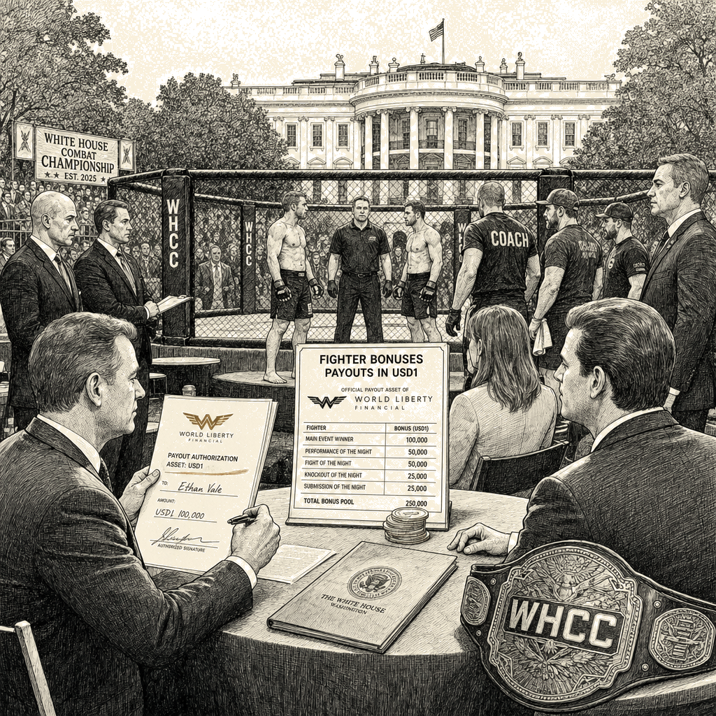 Illustration accompanying article: UFC to pay White House fighters in crypto issued by Trump company