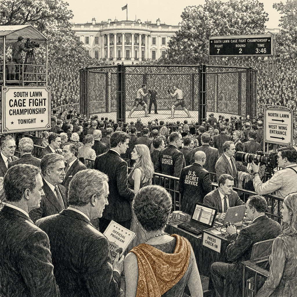 Illustration accompanying article: Trump Allies, Lawmakers, Business Leaders Attended White House Cage Fight
