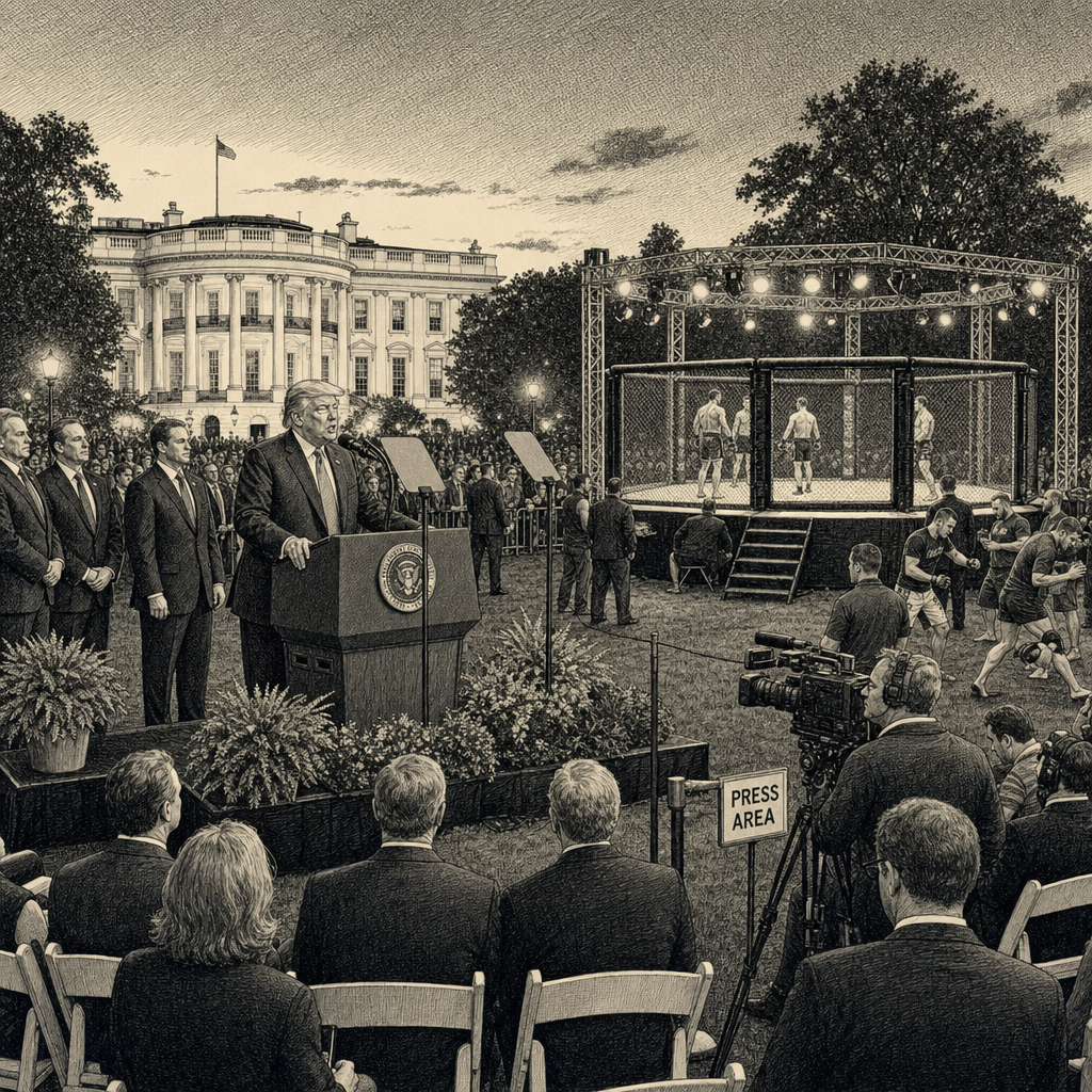 Illustration accompanying article: Trump marks 80th birthday with Iran deal announcement, White House cage fights