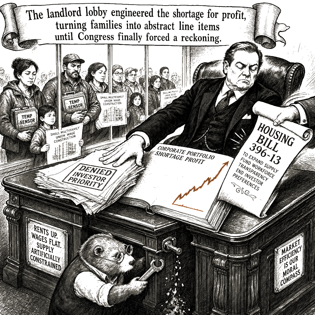 Editorial cartoon by Hector Rentier: A Bipartisan Housing Triumph