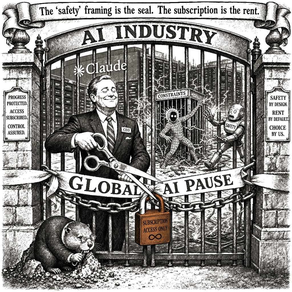 Editorial cartoon by Hector Rentier: Anthropic's 'Pause' Is a Play to Lock the Door Behind It