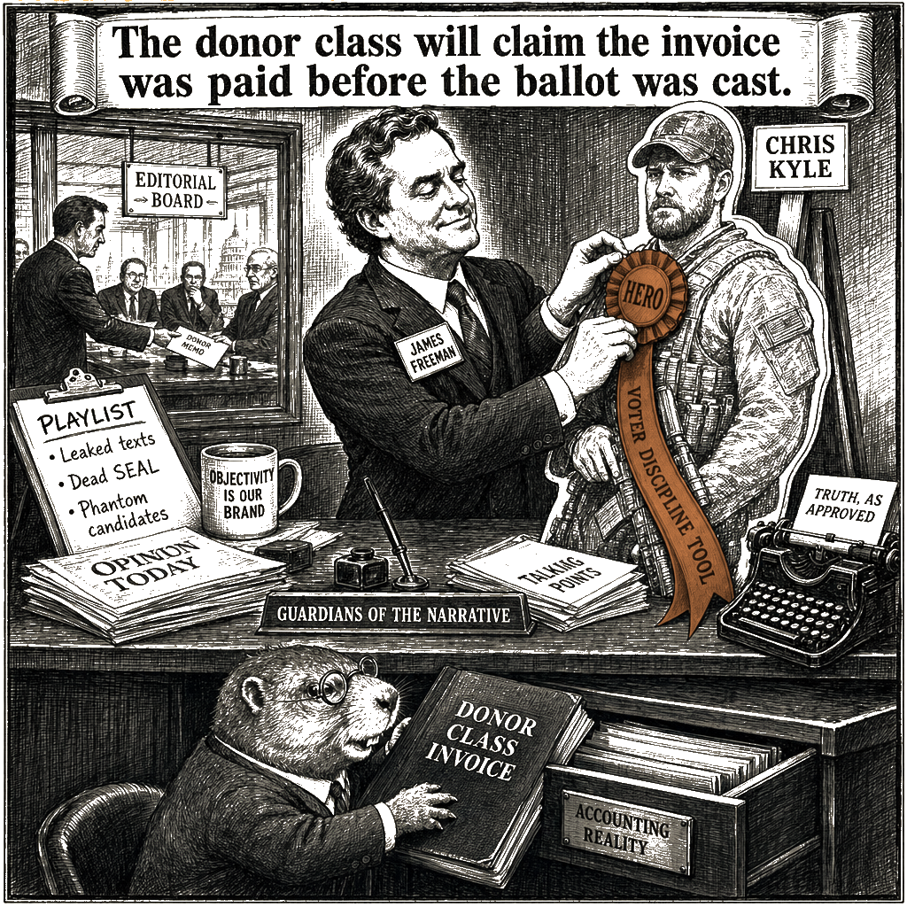Editorial cartoon by Hector Rentier: Best of the Web Harvests a Dead SEAL for Primary Voter Discipline