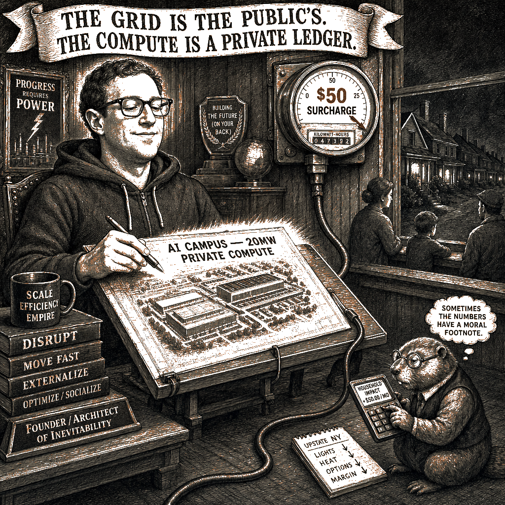 Editorial cartoon by Hector Rentier: Big Tech Wants New York’s Grid — and It Won’t Pay