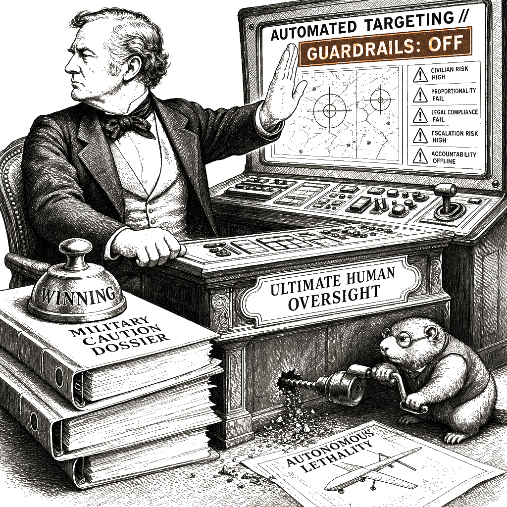 Editorial cartoon by Hector Rentier: Bradley and the low-energy tech companies admit my AI is too big, too smart, and they…