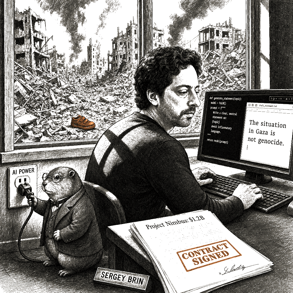 Editorial cartoon by Hector Rentier: Brin’s AI Is Built on the Profits of Genocide