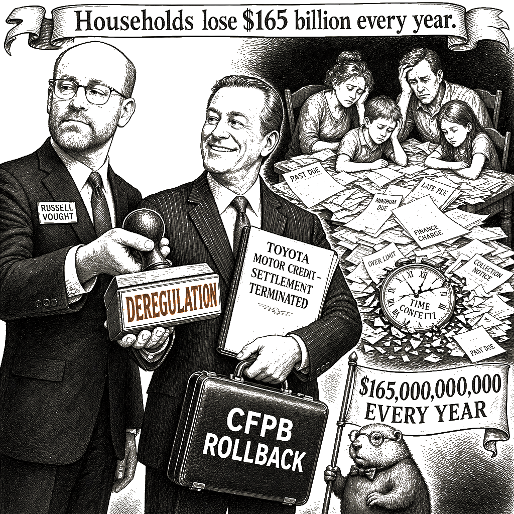 Editorial cartoon by Hector Rentier: Corporate Boards and Federal Regulators Are Robbing American Families Blind