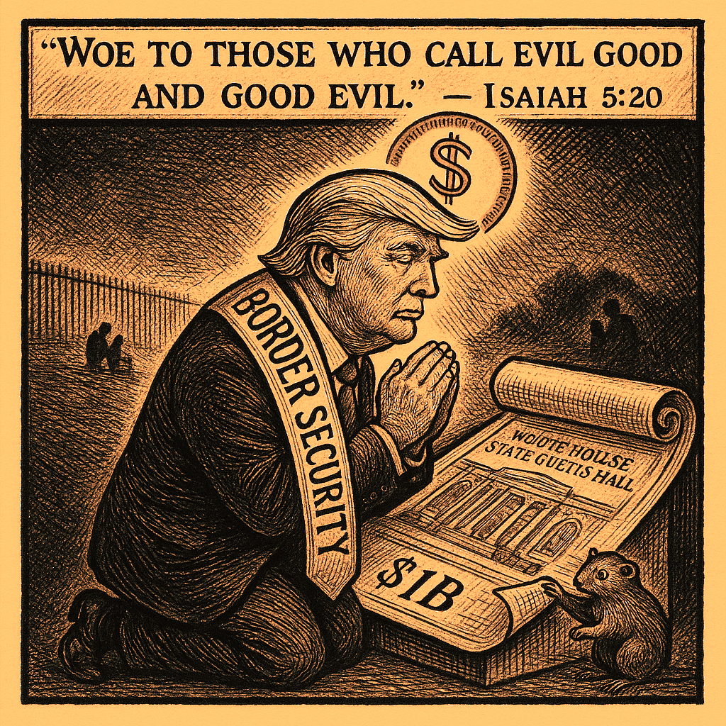 Editorial cartoon by Hector Rentier: Donald Trump Attaches Border Cruelty to a Ballroom Budget