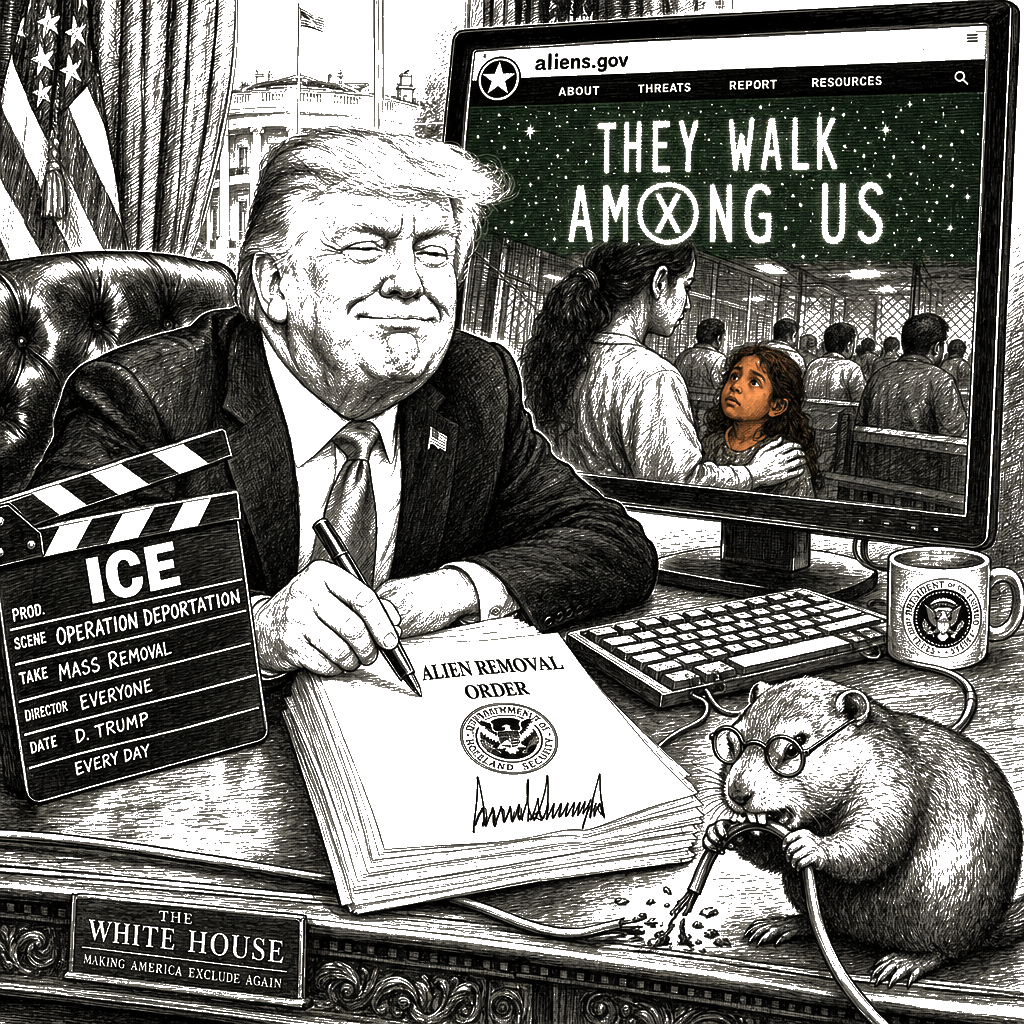 Editorial cartoon by Hector Rentier: Donald Trump Is Turning Undocumented Neighbors Into Alien Monsters