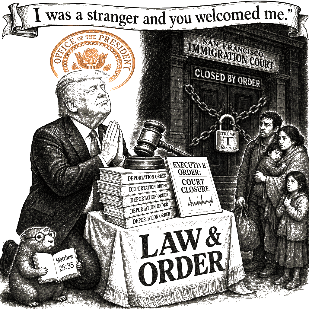 Editorial cartoon by Hector Rentier: Donald Trump Shut Down the Court That Granted Asylum