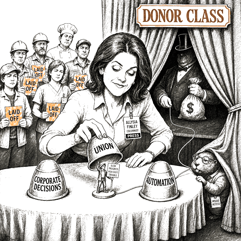 Editorial cartoon by Hector Rentier: Finley Runs the Union-Busting Shell Game for the Donor Class