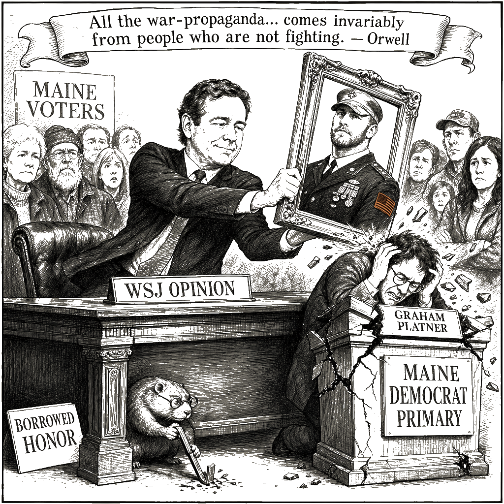 Editorial cartoon by Hector Rentier: Freeman's Platner Hit Job: Propping Up a Dead SEAL to Club a Democrat